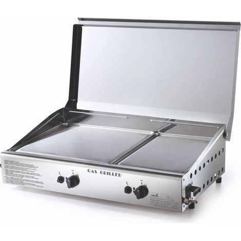 Ompagrill Barbecue Plancha Double 4071 Cover M Doppel-Gasgrillplatte LPG/Methan aus Edelstahl mit Deckel und Piezozündung Made In Italy