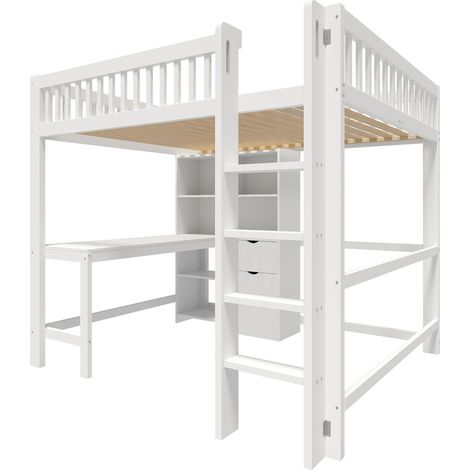 Kinder-Hochbett 140x200 cm mit Schreibtisch, Stauraum und 3 Schubladen, weiß MODENUIT (1/5)