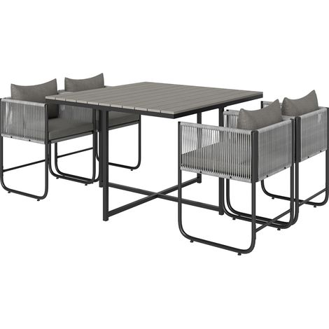 Outsunny 4 Seater Rattan Cube Garden Furniture Set, Rattan Dining Set with Cushions, Outdoor Dining Table and Chairs with Rectangular Wood Grain Plastic Top Table for Patio, Balcony, Grey