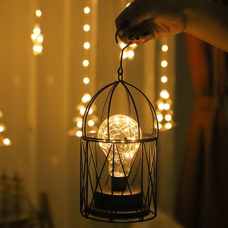 Lanterna decorativa da tavolo - gabbia in metallo - illuminazione senza fili con lampadina a LED - soggiorno - camera da letto - cucina - matrimonio e patio - Nero