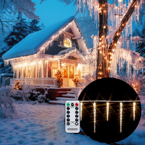 MONZANA® 40-80 LED Eiszapfenlichterkette Fernbedienung 8 Leuchtmodi Timer IP44 Innen Außen Weihnachten Lichterkette Eiszapfen 11,5x5m 40 Eiszapfen warmweiß