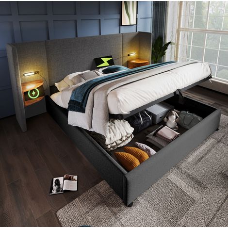 lit adulte coffre rangement 160x200 USB lampe lin OKMYHOME (1/5)