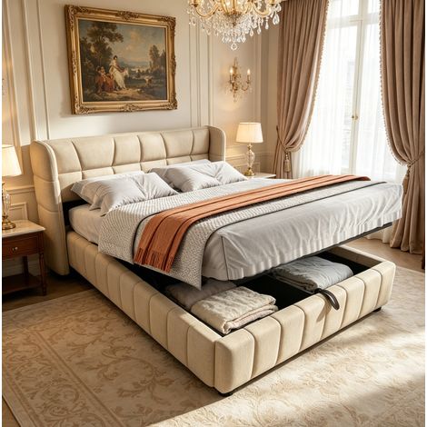 Lit coffre 140 x 200 cm avec système de rangement pneumatique, tête de lit rembourrée beige HAVRYA (1/5)