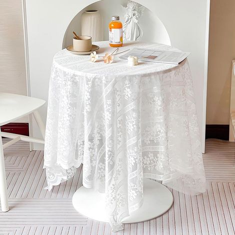 Nappe en dentelle rectangulaire 100x150cm blanc fleurs brodées élégante pour mariage & fêtes