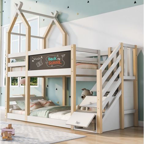 Litera infantil de madera maciza y MDF blanca 90x200 cm con escalera de almacenaje y pizarra (1/5)