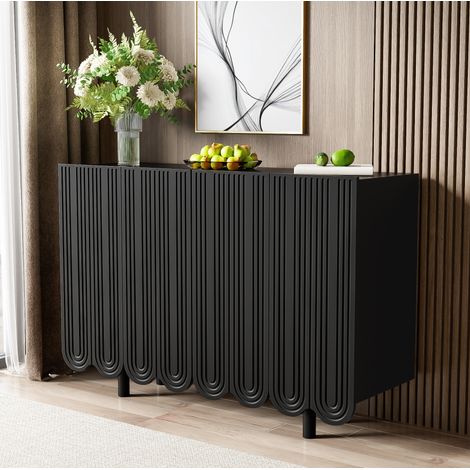 Buffet 120x37.5x80.8 cm noir en MDF avec portes sculptées et charnières à amortissement (1/5)