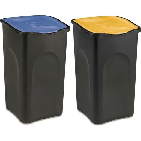 Set 2 Bidoni CAPIENTI 50 LITRI per la Raccolta Differenziata DEI RIFIUTI per Casa e Ufficio Pattumiere CONTENITORI con Coperchi Colorati BLU E GIALLO Secchi Spazzatura Modulari Salvaspazio (1/5)