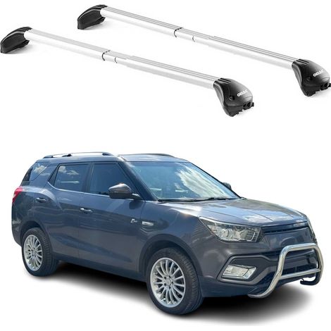 OMAC Barres de toit transversales certifiées TÜV pour Ssangyong XLV 2016-2021 – Verrouillables (4 antivols) – Charge max 100 kg – Sangle inox + protection caoutchouc Argent (1/5)