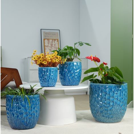 Kleinerer Einzel-Keramik Pflanztopf Ø22,5 cm, glänzendes Blau mit rundum Hammerschlag-Relief, atmungsaktiv mit Ablaufloch für Großsukkulenten & Fensterbank-Zimmerpflanzen (1/5)