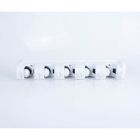 Porte Balais Mural - 5 Emplacements + 6 Crochets - Pour Salle De Bain Cuisine Garage - Blanc