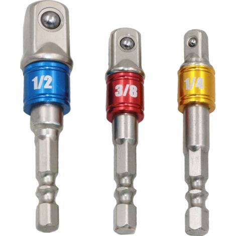 Set aus 3 Stahl-Steckschlüsseladaptern mit Sechskantschaft, Bohrerverlängerungen, Sechskantstangen, Elektrowerkzeuge 1/4", 3/8", 1/2". (1/5)