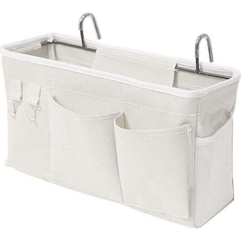 White Bedside Storage Bag with Hook, Hanging Bag, Bunk Bed Storage Bag, for Books, Magazines, Cell Phones, Earphones, Bedside Box (1/4)