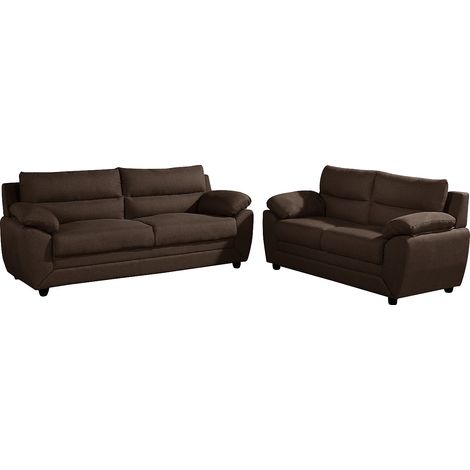 Vente-Unique – Canapé droit 3 places et 2 places en tissu marron chocolat – 100% polyester – Accoudoirs courbés – Longueur 201 cm et 163 cm (1/5)
