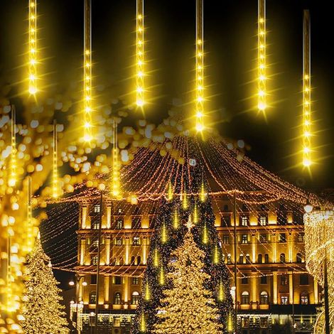 Guirnalda de luces LED solares con efecto lluvia de meteoritos para jardín, resistente al agua, con forma de gota de agua, 30 cm, 10 tubos, 360 LED, luces decorativas para fiestas, Navidad y decoració (1/5)