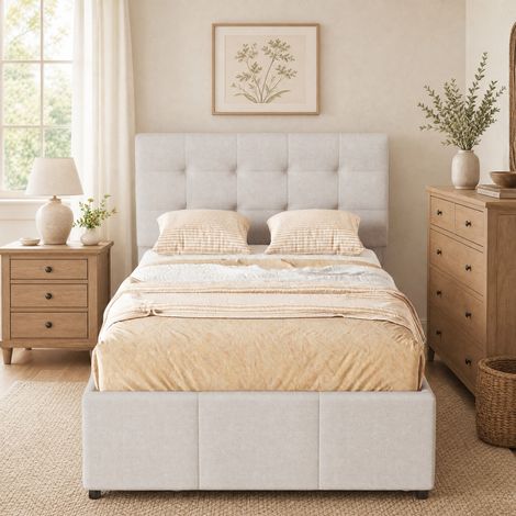 DESMIU Lit Simple 90 × 200 cm avec 3 tiroirs, lit gigogne, tete reglable, sans matelas, beige (1/5)