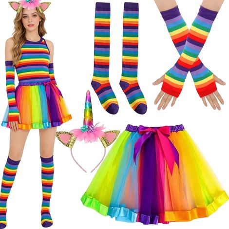4-Piece Women's Rainbow Costume, Adult Unicorn Costume with Colorful Unicorn Head, Rainbow Tulle Skirts, Rainbow Knee-High Socks, Fingerless Gloves, for Carnival and Theme Parties (1/5)