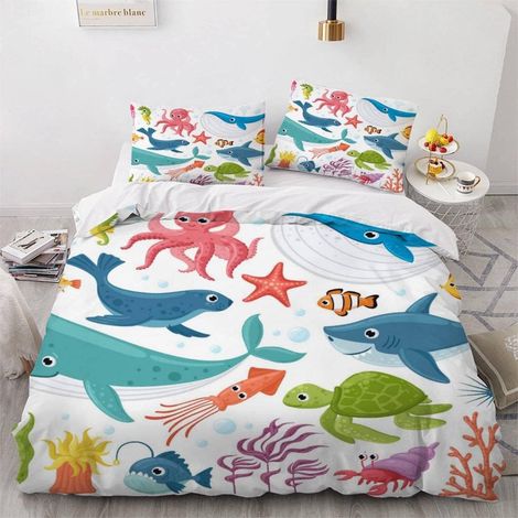 Housse de Couette 140x200 Enfant Poisson De Dessin Animé Parure de Lit 1 Personne Microfibre Housse de Couette Animaux Marins Méduses 3D Imprimé Literie Set 3 Pièces avec Fermeture Éclair - 140x200+2x (1/5)