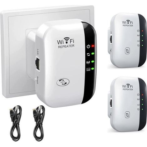 Amplificatore di segnale WiFi - Confezione da 2 - Amplificatore di segnale WiFi Plug and Play - Amplificatore di segnale domestico - Configurazione con un clic - Ripetitore WiFi - 300 Mbps - Cavo Ethe