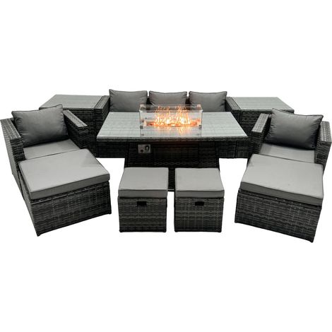 Fimous Rattan Gartenmöbel Set 9-Sitzer Garten Sofa Gas Feuertisch Set mit 2 Beistelltisch 4 Hockern