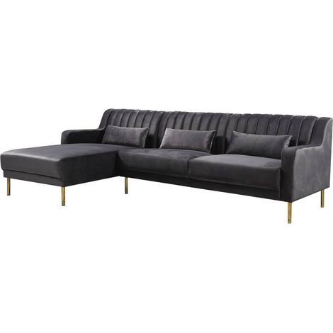 Divano ad angolo in velluto "Oliver" - 187 x 161 x 81 cm - 5 posti a sedere - Grigio - Angolo sinistro