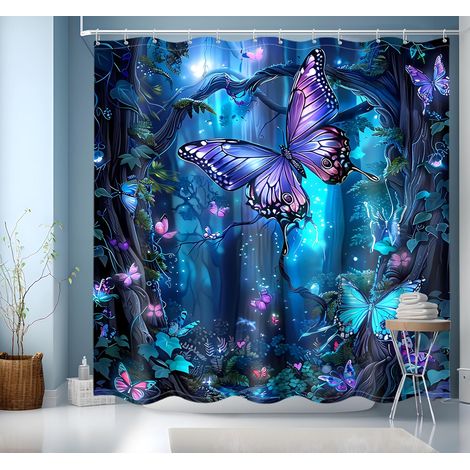 Rideau Douche Bleu,Rideaux de Douche,Rideau Baignoire Lavable en Machine, avec œillets et 12 Anneaux, Shower Curtain 200x200,Modèle Papillon (1/5)