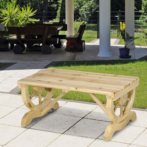 Banco de jardín de 2 plazas con estructura de listones y patas de rueda de carro, de madera, 98x50x39,5 cm, color madera.