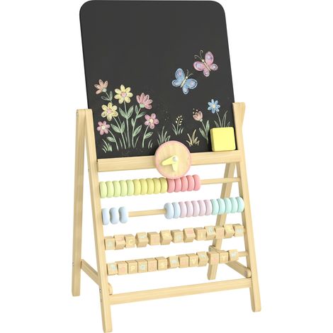 Chevalet en bois pour enfants avec tableau noir double face. horloge. boulier et gomme. pour les enfants de 2 ans et plus. couleur naturelle (1/5)