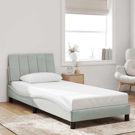 Cadre de lit 90 x 200 cm avec tête de lit, sommier à lattes, velours gris clair, sans matelas - PANGIVO (1/5)