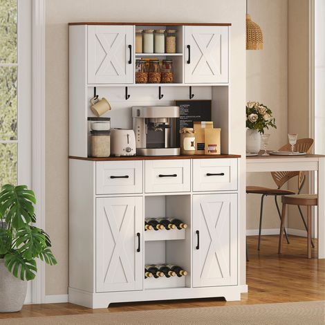 Meuble de cuisine avec casier à vin pour 8 bouteilles, 4 portes, 3 tiroirs, grand plan de travail, 100 x 38 x 172 cm, blanc