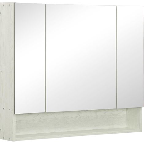 Meuble de salle de bain avec miroir, 3 portes, étagère réglable et compartiment, 90 x 15 x 75 cm, blanc (1/5)