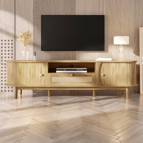 Meuble TV bas 165 x 37 x 46 cm, 1 tiroir en rotin et 2 portes coulissantes, pieds en bois massif, MDF, bois naturel (1/5)