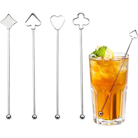 Lot de 4 Poker Touillette Cocktail, 19cm Agitateur Cocktail en Acier Inoxydable 304 Réutilisables Bâtonnets de Poker pour Café, Lait, Thé et Jus de Fruits, Accessoires de Bar, Fête (1/5)