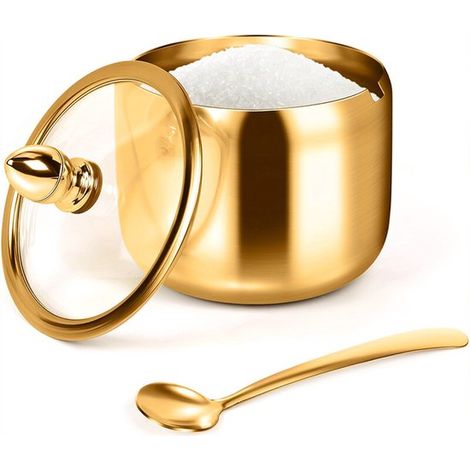 Japanisches Gewürzglas, Zuckerdose, Salz- und Gewürzdose aus Edelstahl mit Deckel und Löffel – Gold (1/5)