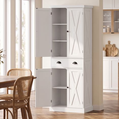 Buffet Haut Cuisine, Armoire de Cuisine avec 4 Portes, Tiroir et Étagères Réglables, Style Rustique, 62x38x173cm, Blanc (1/5)