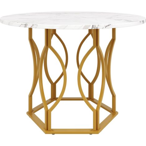 Table à manger ronde (100×100×76 cm), table de cuisine, table ronde pour 4, adaptée à la salle à manger et au salon, pieds en métal, plateau en MDF marbré, pieds dorés (1/5)