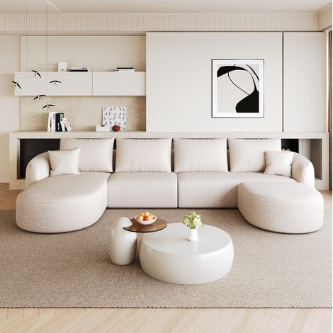 Sofá esquinero modular en U 336 cm blanco de tela, sin montaje, diseño suave y contemporáneo (1/5)