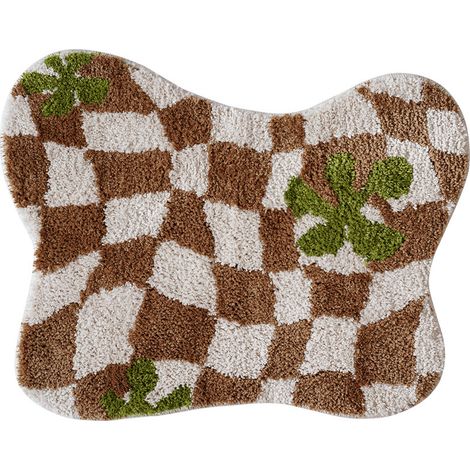 Tapis de cuisine irrégulier à carreaux, doux et duveteux, tapis de touffetage antidérapant, tapis de sol de salle de bain, chambre à coucher, tapis de porte de toilette(brun)