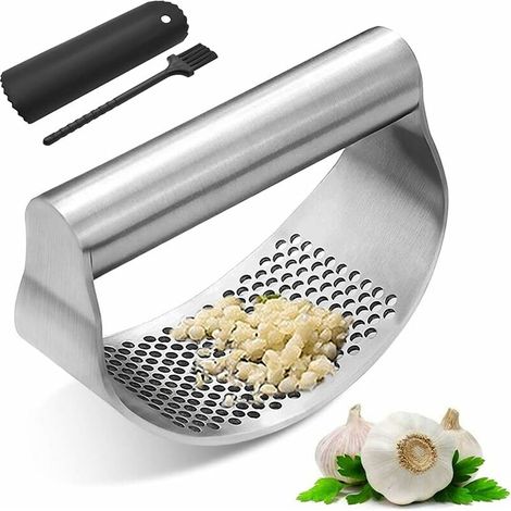 Knoblauchpresse, Knoblauchpresse aus Edelstahl, Professionelle Knoblauchpresse, Manuelle Knoblauchpresse, Gebogener Knoblauchschäler, Knoblauchschneider mit Schäler und Bürsten, Küchenhelfer, Spülmasc (1/5)