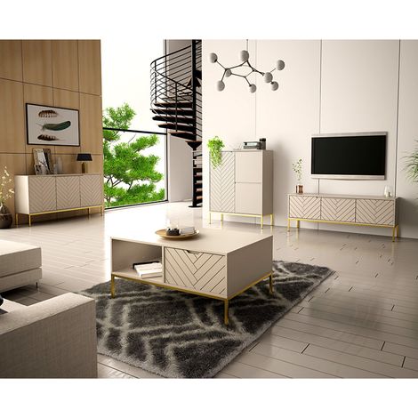 Wohnzimmer Set 4-teilig modern in Beige mit gefrästen Fronten ANGERA-140 (1/5)