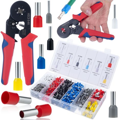 Pinza Crimpatrice per Capicorda Isolati – Set con 1200 Capicorda  Gamma 0.25-10.0 mm²  Uso Universale in Officina e Garage