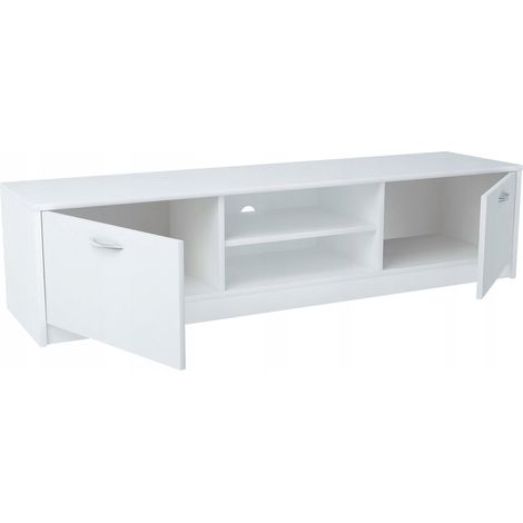 Meuble TV Blanc - Banc TV, Table TV avec 2 portes et 2 étagères - 160 x 41 x 36 cm (1/4)