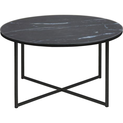 Table Basse Ronde, Ø: 80 x 45 cm, Aspect Marbre Noir /Noir, Verre/Metal, 1 pc (1/5)