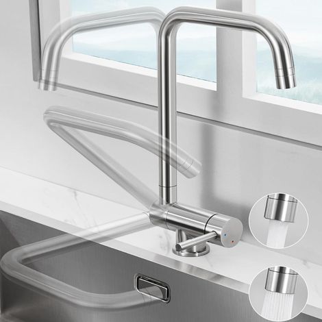 Robinet Cuisine Pliable, Mitigeur Cuisine avec 2 Jets Modes, Mitigeur Evier, Robinetterie Acier Inox, Brossé, Avec tuyau G 3/8 (1/5)