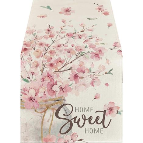 Chemin de table en lin à imprimé floral, nappe à fleurs et papillons pour salle à manger et décoration de table de mariage ou de réception. (1/5)