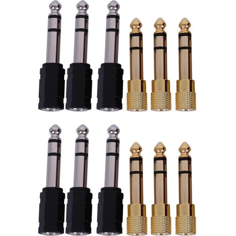 Lot de 12 adaptateurs pour casque audio, adaptateurs jack stéréo 6,35 mm mâle vers 3,5 mm femelle, plaqués noir/or. (1/5)