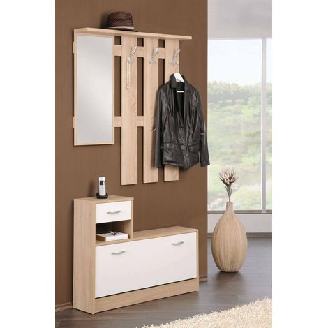 Dmora Mueble de entrada con espejo, entrada para recibidor con zapatero, Vaciador de bolsillo para apartamentos pequeños, 100x25h180 cm, color Blanco y Roble, con embalaje reforzado