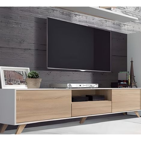 Pegane – Meuble TV blanc/chêne Cambrian – Longueur 183 cm, profondeur 35 cm, hauteur 44 cm – Panneaux mélaminés haute qualité – Fabrication espagnole