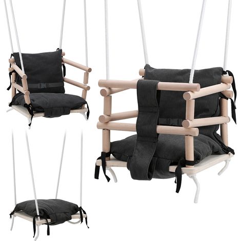 Jiubiaz Columpio infantil con asiento de madera, cojín gris y altura ajustable para interior o exterior