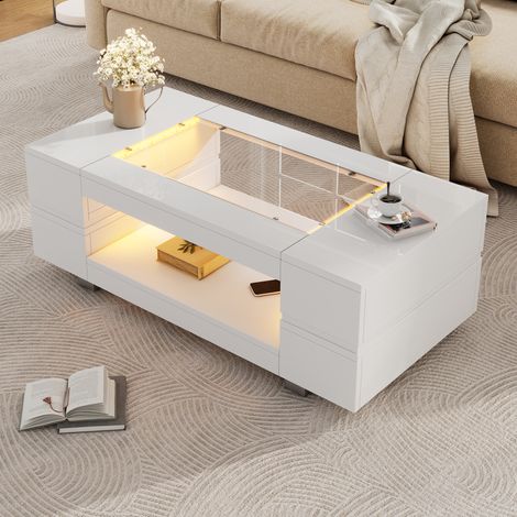 Couchtisch 100 x 50 x 35 cm, LED-Beleuchtung, App-Steuerung, Hohlkammerdesign, Spanplatte, weiß (1/5)