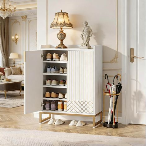 Scarpiera 100x41.5x21 cm, 5 ripiani con 2 ante, fino a 20 paia, legno e metallo bianco e oro (1/5)